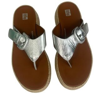FitFlop F-Mode Espadrille Silver Leather Flatform Toe-Thongs Sandals Womens 8